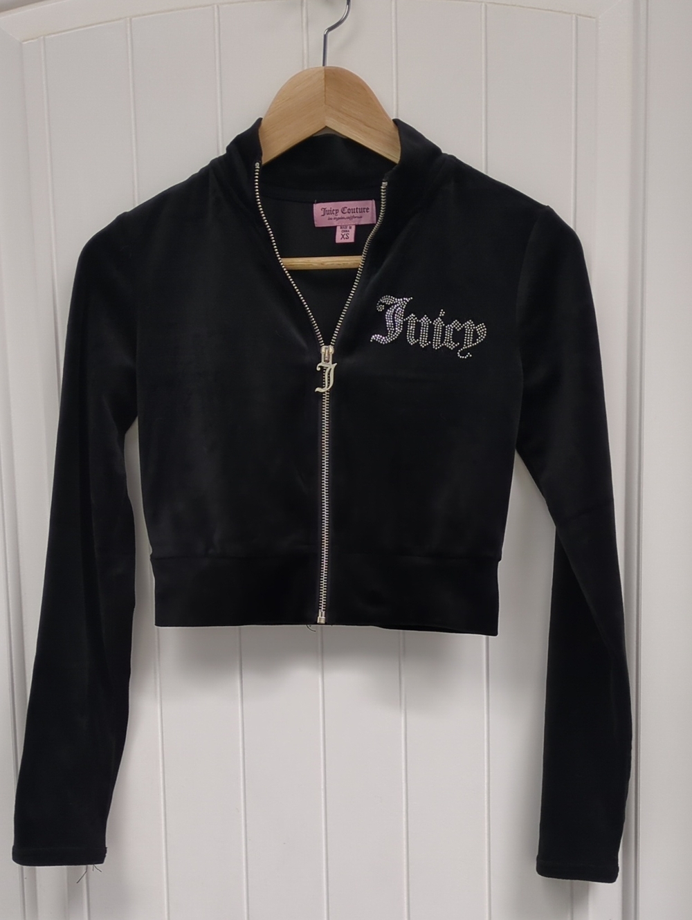 Juicy Couture Black Velour Cropped Zip Jacket with Rhinestone Logo
